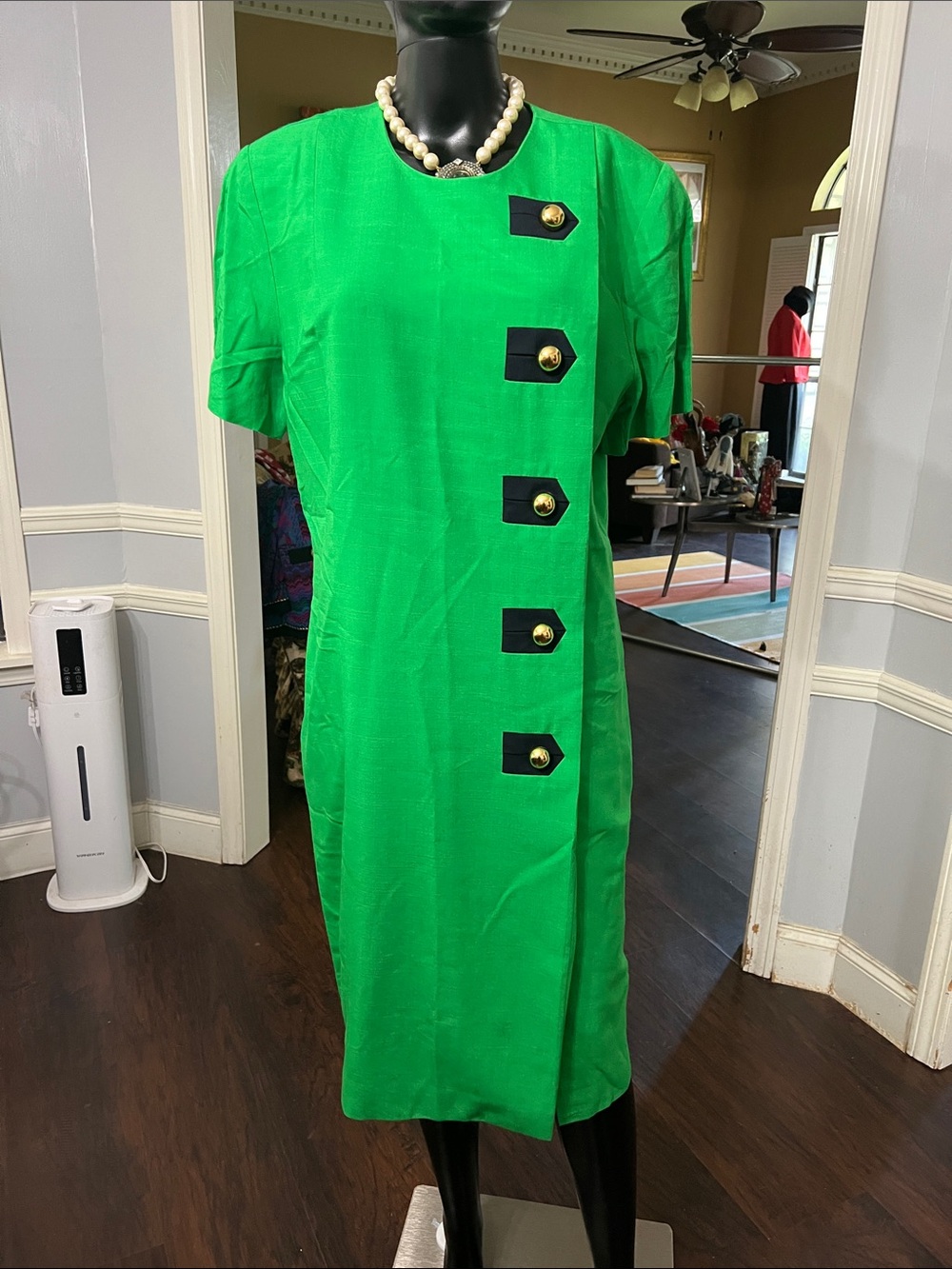 Bright Green Midi Shift Dress with Black Button Panels